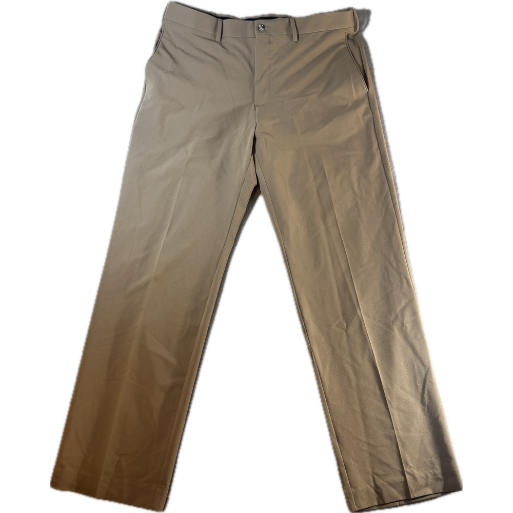 Savane Mens Tan Khaki Dress Pants Flat Front Trousers 34x32 Stretch Blend